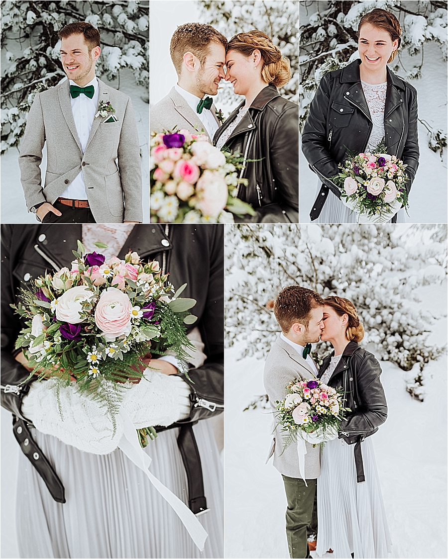 A leather jacket and mittens for this winter bride for her winter mountain elopement in Mayrhofen Austria by Wild Connections Photography