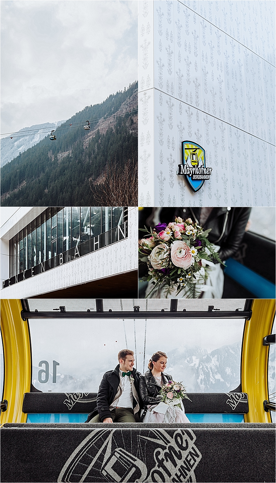 Bride & groom in the Penken cable car for their winter mountain elopement in Mayrhofen Austria by Wild Connections Photography