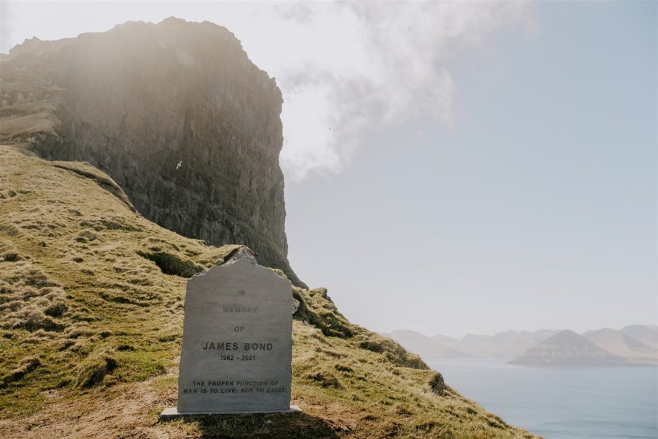 James Bond gravestone sits on the hillside in the Faroe Islands