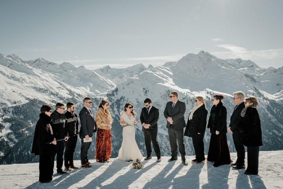 A wedding ceremony on the side of a mountain in St Anton in Austria