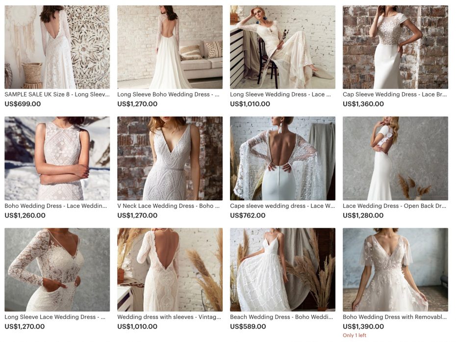 Snímek obrazovky Etsy Wedding Dress shop Love Spell Design