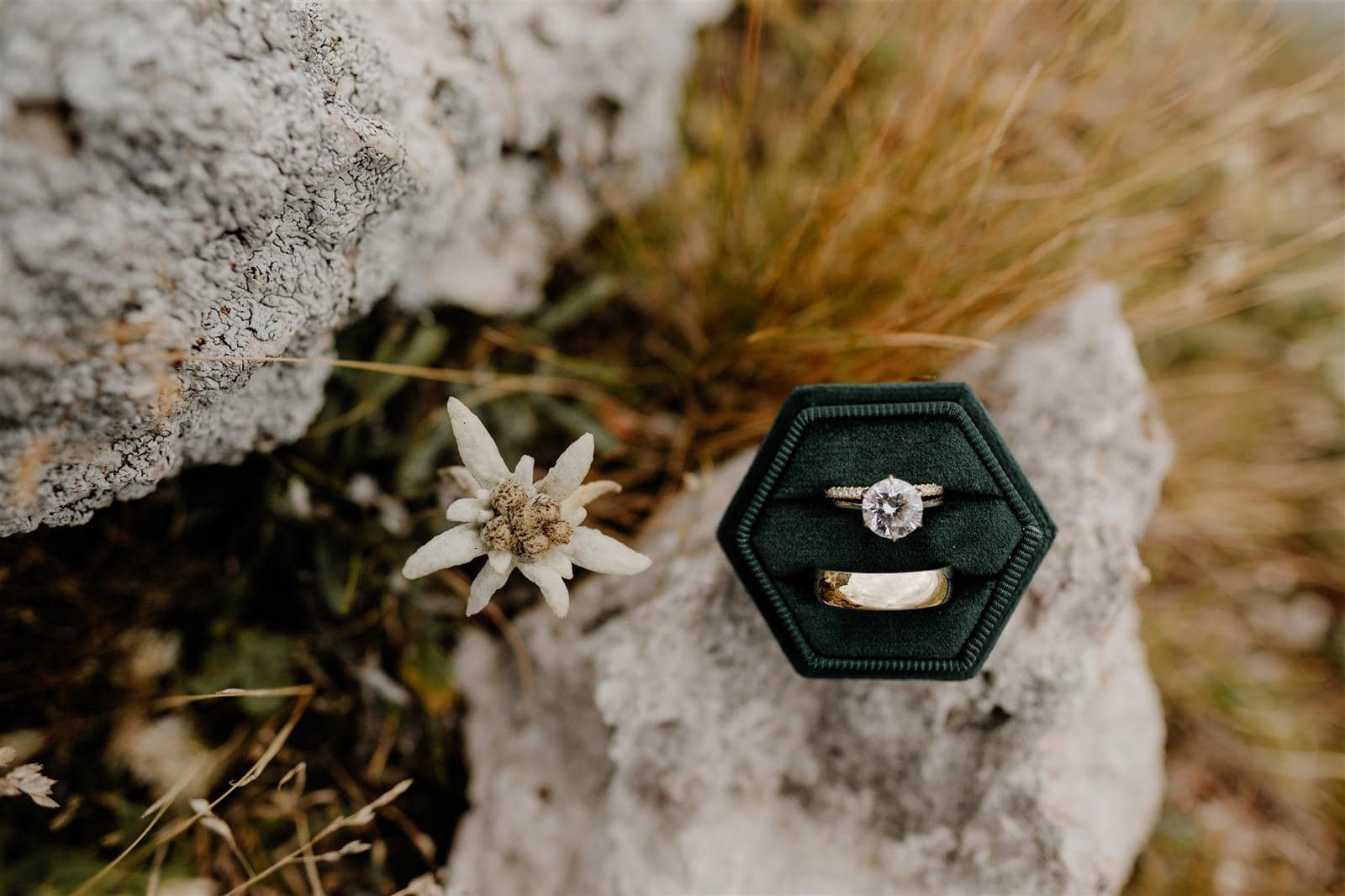 A green velvet ring box sits on a rock next to a wild edelweiss flower. In the ring box there is a gold wedding band and a diamond engagement ring.