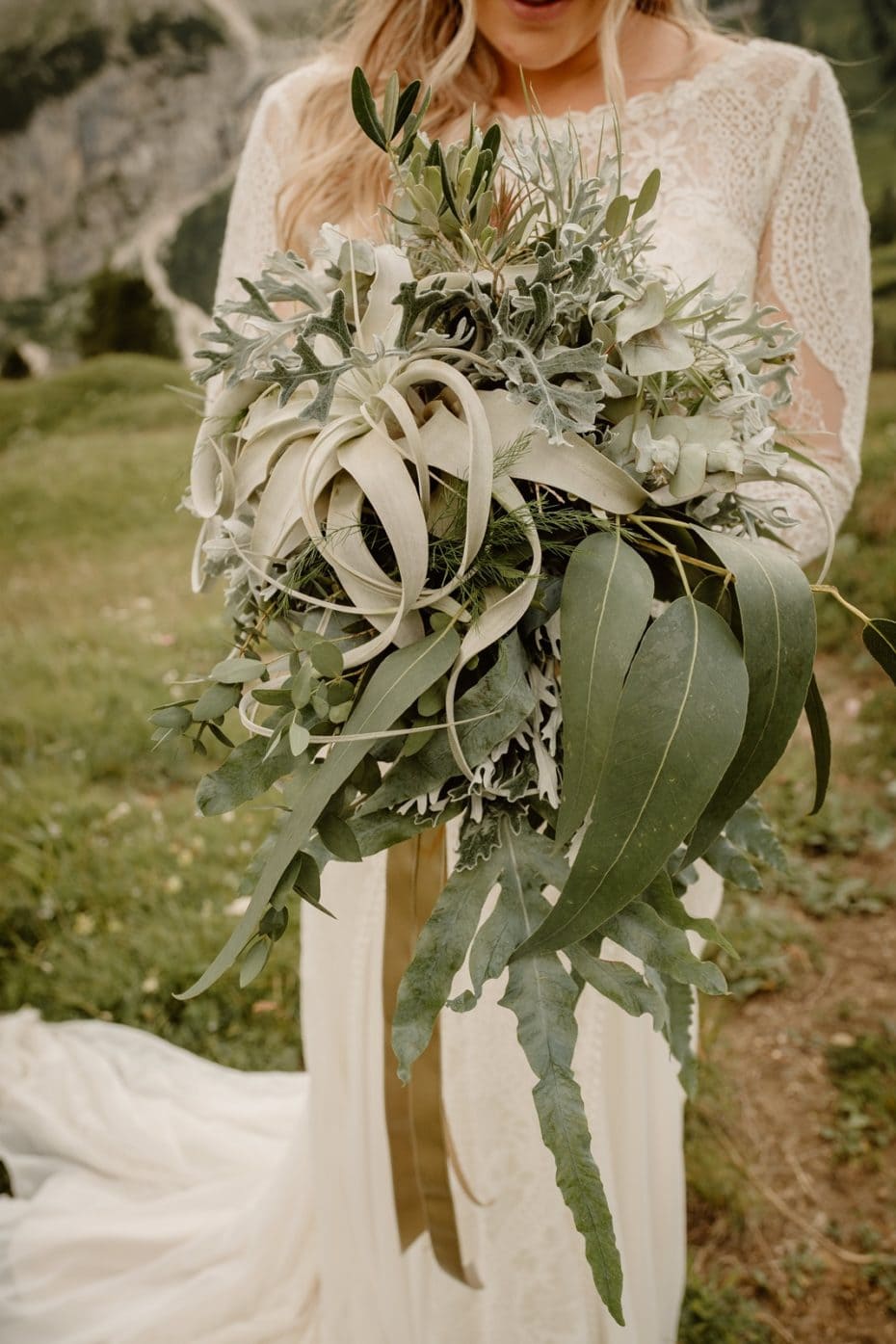 fully green wedding bouquet with only foliage and no flowers