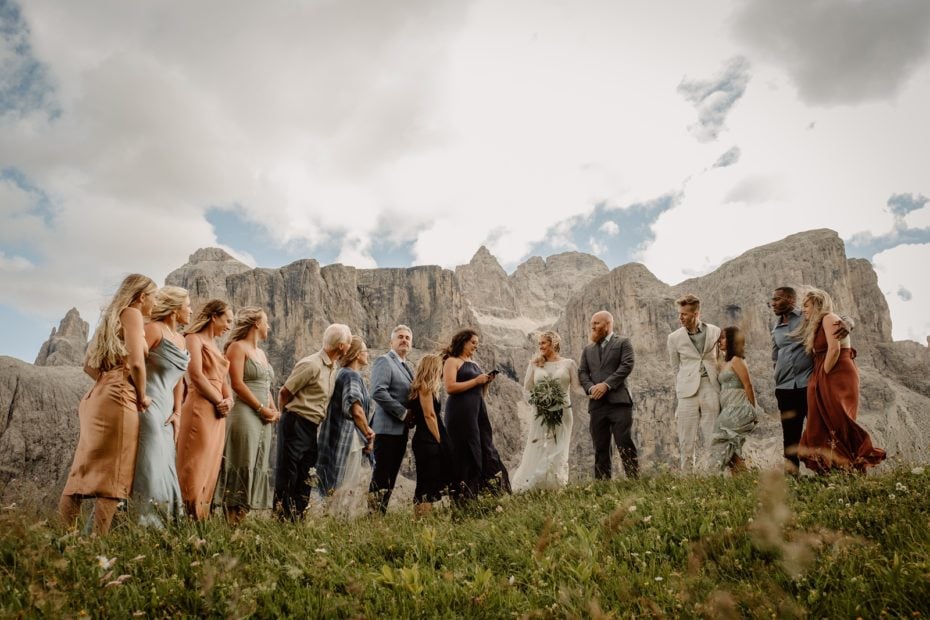 Micro-wedding ceremony on a hillside in Val Gardena in the Dolomites
