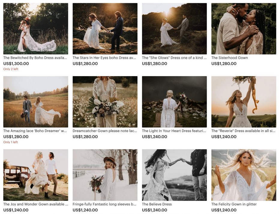 Snímek obrazovky online obchodu se svatebními šaty Etsy We Are Reclamation